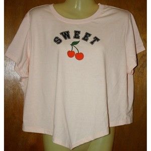 Social Scene Crop Top Sz 1X  SS Sweet Cherries Pink Handkerchief Hem NWT
